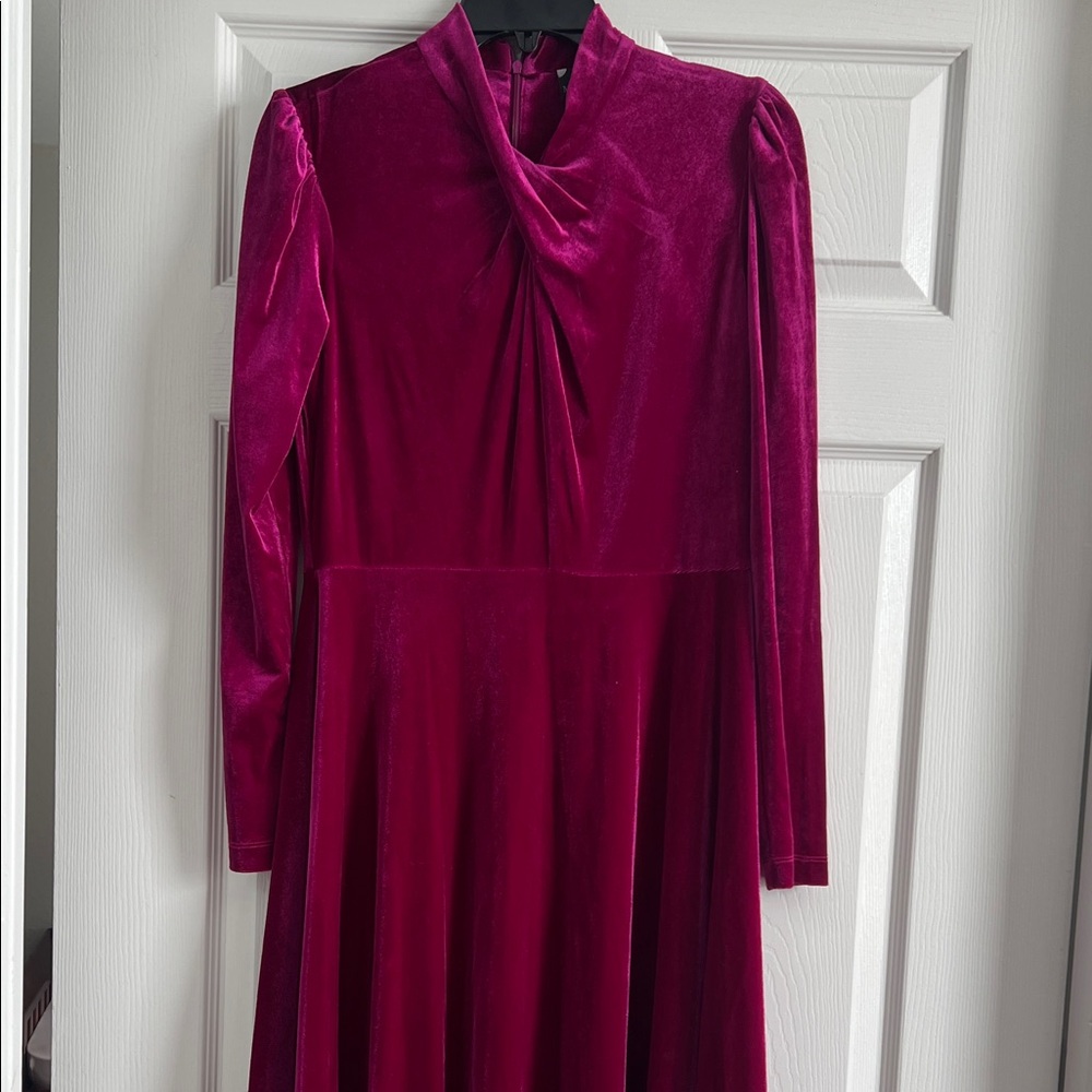 Maison Tara Velvet Long Sleeve Dress in Deep Pink